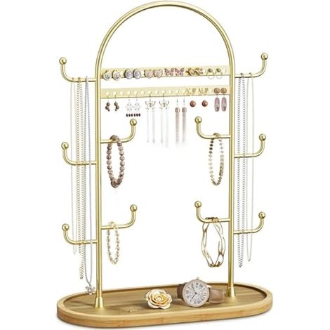 niffgaff Porte-bijoux 12,9'' avec plateau en bois - Organiseur colliers, boucles d'oreilles, bagues, bracelets, montres, serre-tête - Support de rangement mural pour chambre - Doré (1/5)