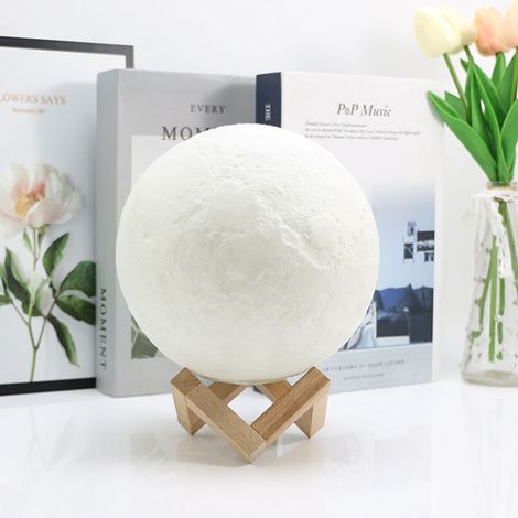 Lampe lune 8 cm, veilleuse LED 3D tactile 3 couleurs, lampe de chevet, cadeau Saint-Valentin avec support en bois (1/5)