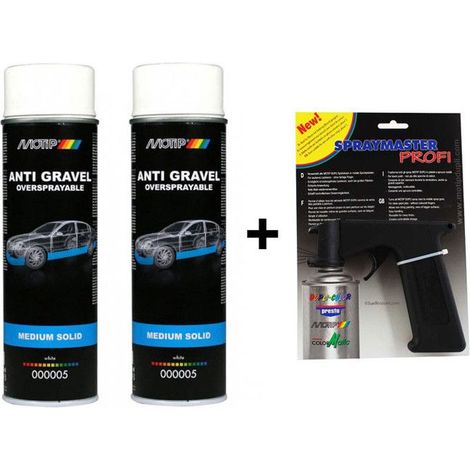 2 Bombes de peinture anti gravillons blanc Motip avec pistolet pour bombe aérosol
