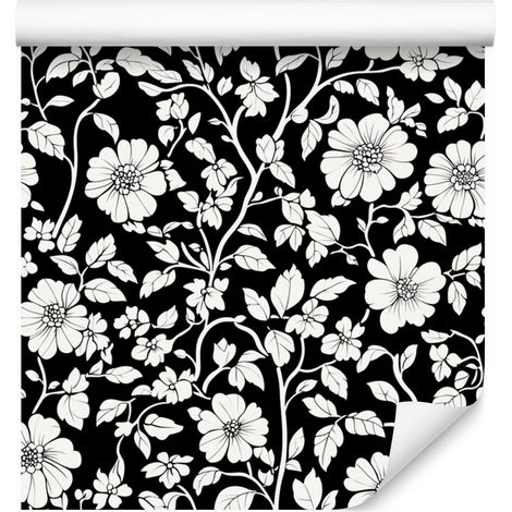 Papier peint à fleurs noires et blanches, graphite, fond gris, 50 x 1000 cm (1/5)