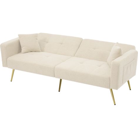 Canapé-lit convertible 2 places beige avec dossier réglable, poches latérales et pieds dorés, structure bois, assise mousse, CHICFURN (1/5)