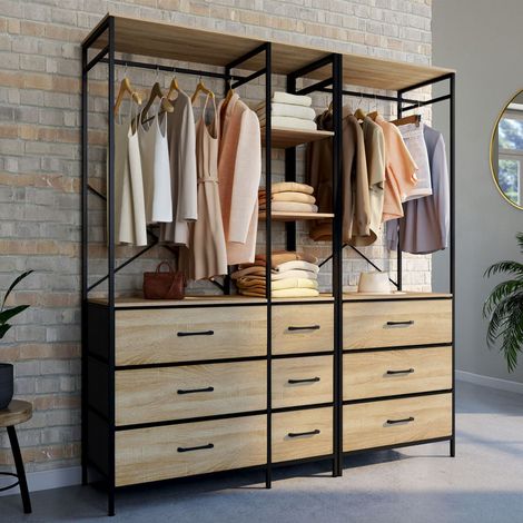 UTAH Armario modular XXL Ancho 150 cm con 3 estantes y 9 cajones en madera y tela negra (1/5)