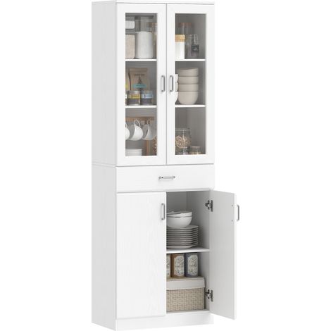 Credenza alta da cucina, mobile da cucina, 4 ante di cui 2 in vetro, cassetti, ripiani regolabili, 60x35x180 cm, bianco