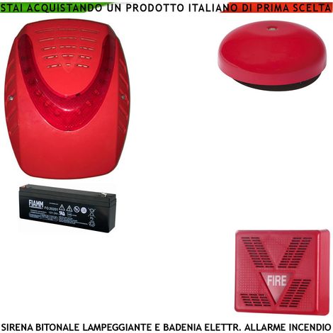 SIRENA LAMPEGGIANTE LED ANTISCHIUMA ESTERNA BADENIA SIRENA INTERNA ALLARME INCENDIO ALIMENTATE 24 VCC 2 BATTERIE 12 V 1,2 AH (1/4)