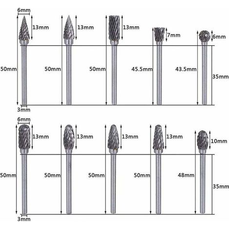 Set di 10 frese rotative in carburo di tungsteno con testa abrasiva per utensili rotanti Dremel, per foratura e lucidatura di metalli. (1/4)