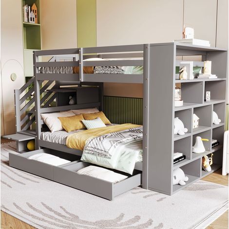 Litera 90x200 cm gris en madera de pino con escalera segura y almacenaje (1/5)