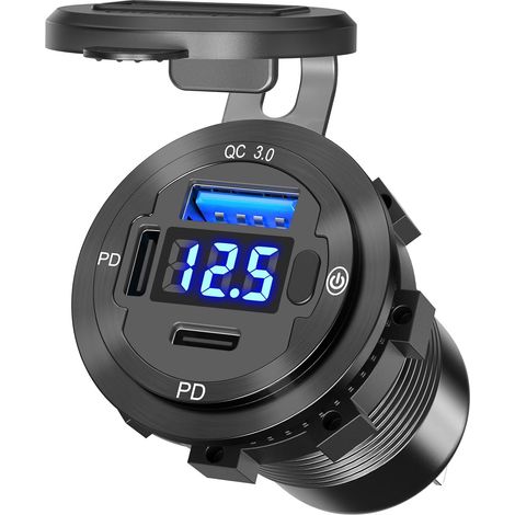 78W Aluminium Prise de Chargeur de Voiture: Prise USB 12V Double PD 30W and 18W QC3.0 USB Port avec Voltmètre à Interrupteur Adaptateur Allume Cigare étanche pour Camion Caravane Marine Moto (1/5)