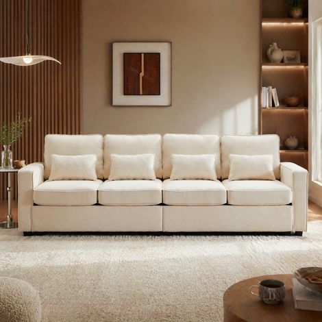 Canapé 4 places fixe en tissu beige 264 x 83 x 87 cm, dossier haut, poches d'accoudoirs, 4 coussins lombaires et assise confortable en mousse – de FLORAGRACE (1/5)