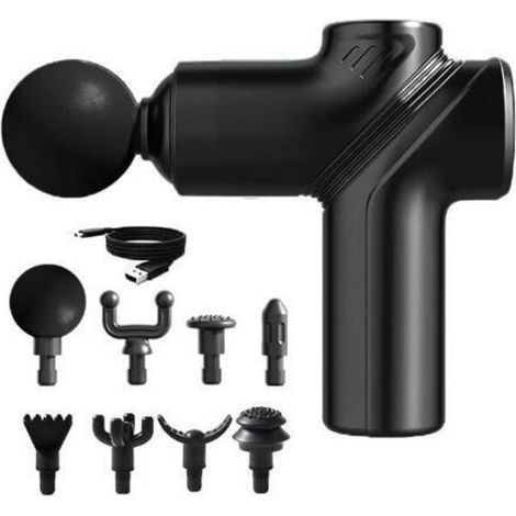 Portable deep tissue massage gun, mini electric muscle massager, relieves back, neck and body pain, with 8 heads and 6 speeds, black (1/4)