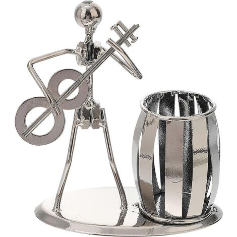 Porte-stylo/crayon en fer forgé en forme de guitare, accessoire de bureau décoratif pour musicien, cadeau sur le thème de la guitare-12x6.5x14cm-Silver (1/3)