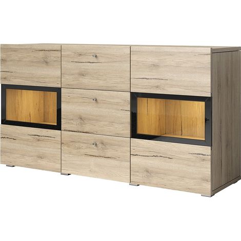 Buffet RAMOS – Eiche und Schwarz – integrierte mehrfarbige LEDs – 2 Glastüren + 3 Schubladen - zeitgenössischer Stil