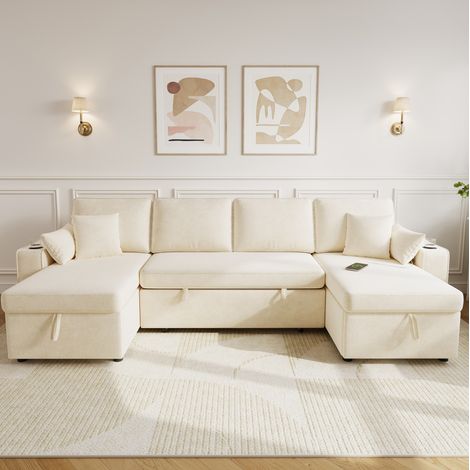 Canapé d’angle en U convertible 270x125 cm avec rangement, USB, Type-C, porte-gobelets, chenille beige (1/5)