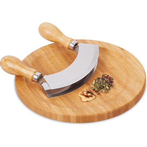 Relaxdays Mezzaluna con Tagliere Ø 20cm, Coltello a Doppia Lama Trita Erbe, in Acciaio Inox e Bambù, Naturale Argentato
