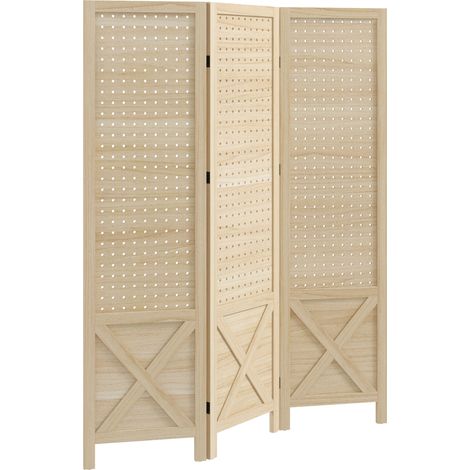 Paravent en bois naturel 3 panneaux séparateur pliable, cloison perforée pour pièce, 114 x 1,7 x 144,5 cm (1/5)