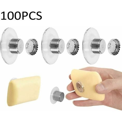 Packung mit 100 magnetischen Seifenhaltern mit Saugnäpfen, die ohne Bohren angebracht werden können. Diese magnetischen Seifenhalter eignen sich für Badezimmer, Waschbecken, Badewanne und Küche.