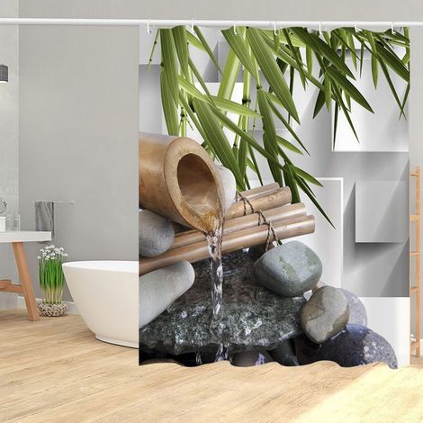 1 rideau de douche bambou pierres eau courante, effet 3D, imperméable, polyester haute qualité, 180 x 200 cm, salle de bains