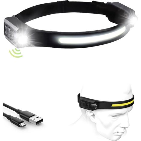 pack (black) of rechargeable LED headlight, 1200mA, dual headlight, 12-hour battery life, 5 lighting modes, lightweight, with motion sensor, waterproof