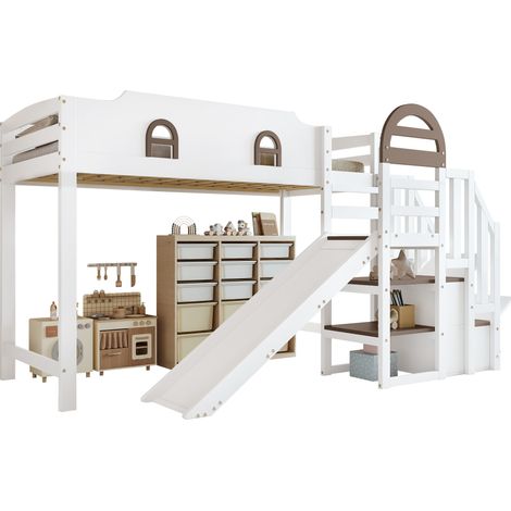 Lit superposé enfant bois massif + MDF blanc 90x200 cm avec toboggan PP, escalier de rangement et garde-corps (1/5)