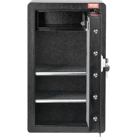 Coffre-fort noir 113 L avec serrure à clé et code, sac ignifugé, éclairage LED, 2 étagères pour bijoux et documents. (1/5)
