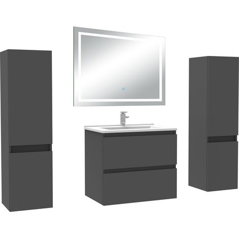 Aica Ensemble meubles Salle de Bain 60cm avec Colonne + Miroir Lumineux +3 Couleurs, Anthracite