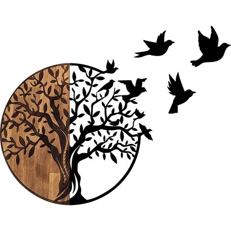Hanah Home – Décoration murale en bois et métal arbre et oiseaux en vol – 50% bois véritable et 50% métal – Dimensions 92 x 3 x 71 cm – Poids 3,25 kg (1/6)