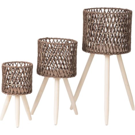 Pot de Fleurs en Bois avec Base Tressée imitation rotin - Lot de 3 pièces XH24-643 - Design nordique créatif pour plantes d'intérieur (1/4)
