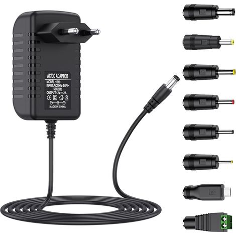 Adaptateur Secteur 12V 2A Alimentation AC220V 230V vers DC12V Pilote 5.5mm avec 8 adaptateurs de Prise 2000mA 1000mA 500mA convertisseur Chargeur AC-DC (1) (1/5)