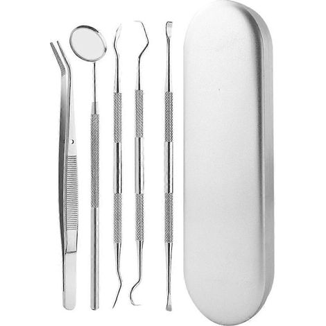 Miroir dentaire, outil préparé par le dentiste, sonde, pince à épiler, faucille pour détartrage, soins dentaires (1/5)