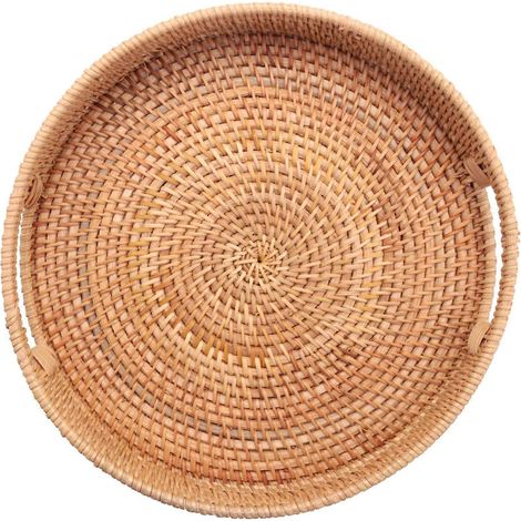 Plateau de service rond en rotin tressé avec poignées, style ottoman, idéal pour le petit-déjeuner, les boissons et les en-cas. Parfait pour une table basse ou comme objet de décoration. (1/5)