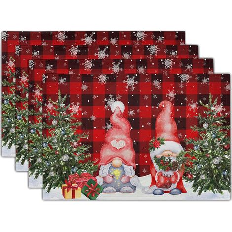 Ensemble de 4 sets de table nains d'hiver, sets de table en lin à carreaux rouges et noirs, motif flocons de neige et sapins de Noël, antidérapants, pour la décoration de la cuisine et des fêtes, 30 x (1/5)