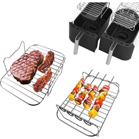 Set of 2 Air Fryer Grids, Multipurpose Cooking Grid with 4 BBQ Sticks, Air Fryer Accessories Compatible with Ninja Foodi DZ201/401 Instant Dual Basket (1/5)