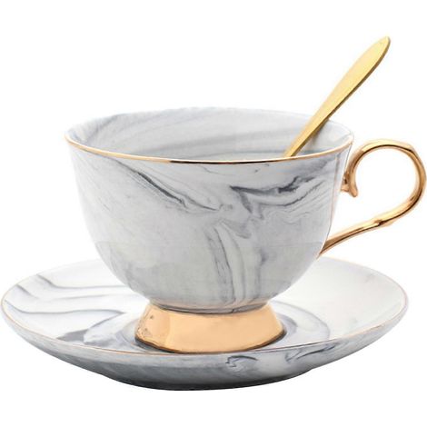 Vintage Porzellan-Teetasse und Untertasse mit Löffel, Keramik-Kaffeetassen-Set für Nachmittagstee, Knochen für Br (1/5)