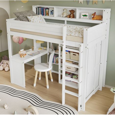 Letto a castello 90x200 cm bianco in legno con scrivania, armadio e ripiani (1/5)