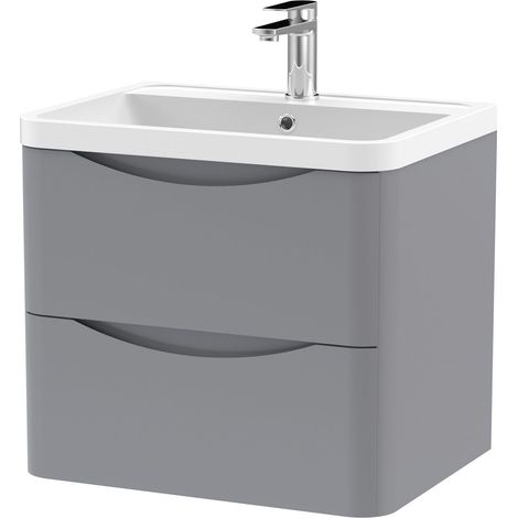 Nuie Lunar Satin Grey 600mm Wall Hung 2 Drawer Vanity Unit and Polymarble Basin - LUN202 (1/3)