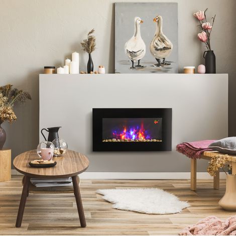 Camino elettrico da parete 72,5x11,5x40 cm in metallo nero con timer FloraGrace (1/5)