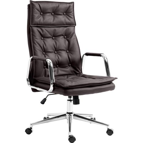 Fauteuil de bureau capitonné rembourrage épais en véritable cuir marron et pieds métal chromé 100002645
