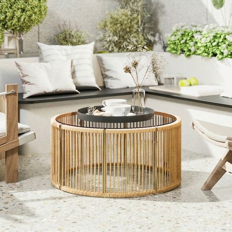 Table d'appoint en polyrotin, table basse avec plateau en verre trempé, table de jardin avec structure en acier, 70 x 70 x 33 cm, marron