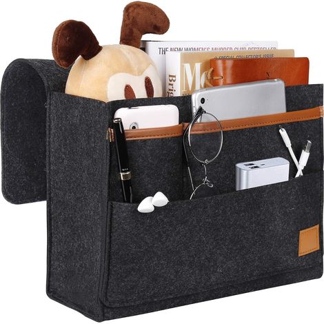 Dark Grey Eyeglass Caddy Organizer, Felt Bedside Caddy Bedside Pocket Storage Bag for Phone, Remote Control, Journal, Pen, Magazine, Eyeglasses (1/5)