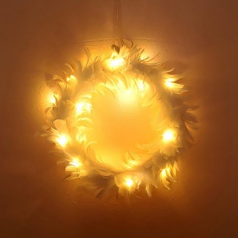 Guirlande Porte - Plumes Blanches - 30 cm - Avec Lumières LED - Décoration Automne Halloween Action de Grâce - Intérieur Extérieur - 1 Pièce (1/5)