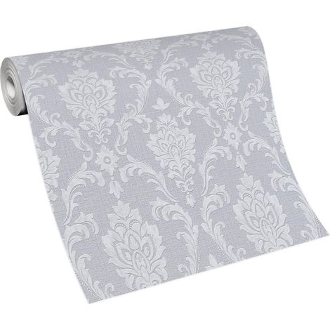 Papier peint gris & argent damassé idéal bureau Tapisserie vintage à motif fleurs de lys Papier peint baroque vinyle & intissé (1/5)