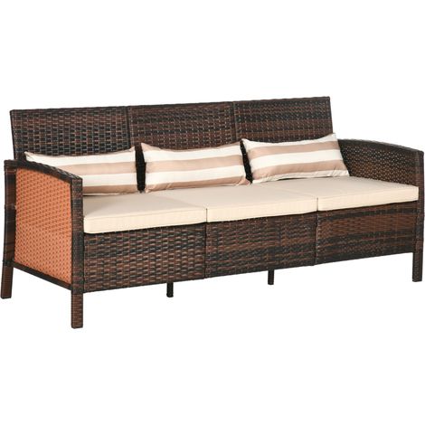 Canapé 3 places en rotin synthétique brun avec coussins, cadre en acier, 173x68x78 cm, pour terrasse et jardin (1/5)