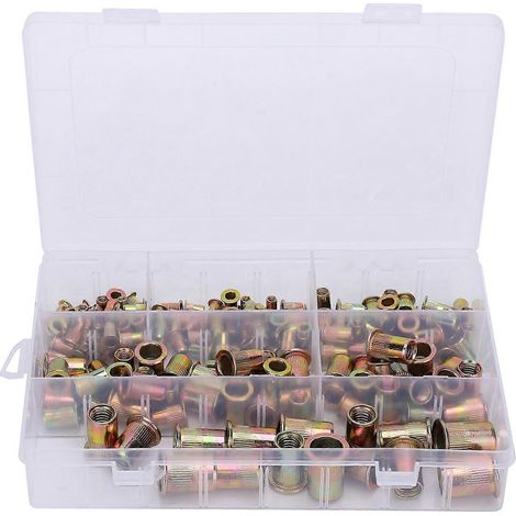 Kit de 180 écrous à sertir à tête plate, en acier au carbone métrique, zingués et colorés. (1/4)