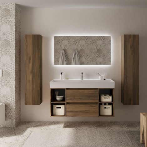 Meuble de salle de bain BEQUIA Plus 120cm Noyer Vasque Porcelaine Centrale (1/5)