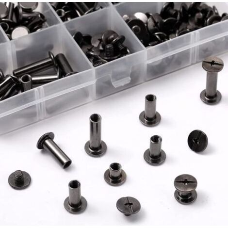 (Noir)1 Ensemble Chicago Vis Assortiment Kit 6 Tailles Vis à Tête Croix Ronde en Métal Post Chicago Vis Bouton pour DIY Reliure de Décoration en Cuir (1/4)