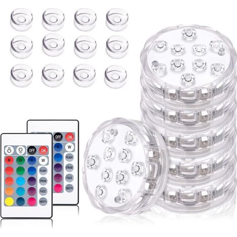 Set mit 6 wasserdichten IP68-LED-Unterwasserleuchten – 10 RGB-LEDs in 16 Farben – 12 Saugnäpfe und Funkfernbedienung – Beleuchtung für Pools, Teiche, Aquarien und Whirlpools
