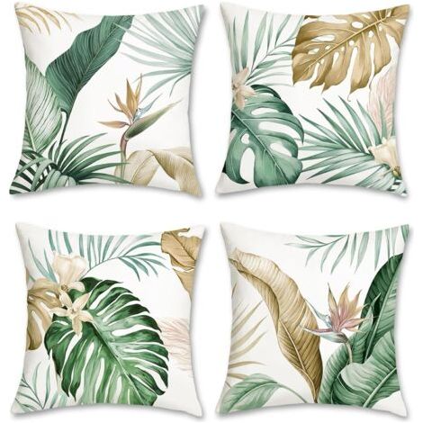 Housse de Coussin Feuilles Tropicales 45 x 45 cm Feuille Brun Vert Velours Doux Décoratif Taie d'oreiller pour Canapé Maison Décoration 4 Pièces