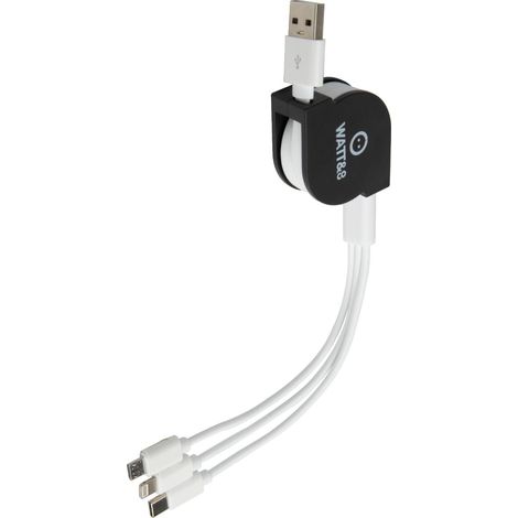 Câble USB rétractable 100cm - Lightning, Micro-USB et Type-C universel - noir - Watt and Co (1/4)