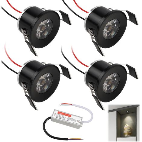 Spots LED Encastrables 2W 12V, Ultra-Plats IP65 Étanches pour Salle de Bain, Trou Φ25-28mm, Spots Plafond Cuisine, Salon, Carport, Mini Spots Led Extra-Plats 19mm, Lot de 4 - Argenté Noir Chaud 3000K (1/5)