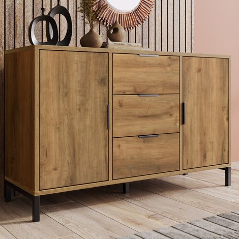 Kommode mit 2 Türen und 3 Schubladen, Vintage-Schlafzimmerschrank, niedriges Sideboard mit verstellbaren Regalen, Spind aus tiefer Eiche, 120 x 40 x 76 cm