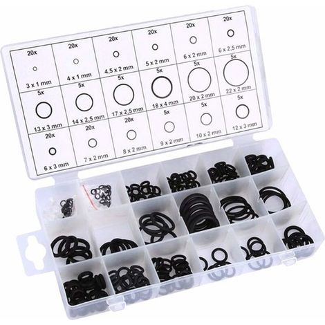 Joints toriques - 225 pièces - 18 tailles - Jeu de joints toriques - Bagues d'étanchéité - Caoutchouc - noir - universel - avec boîte d'assortiment - pour sanitaires, maison, jardin, atelier etc. (1/5)